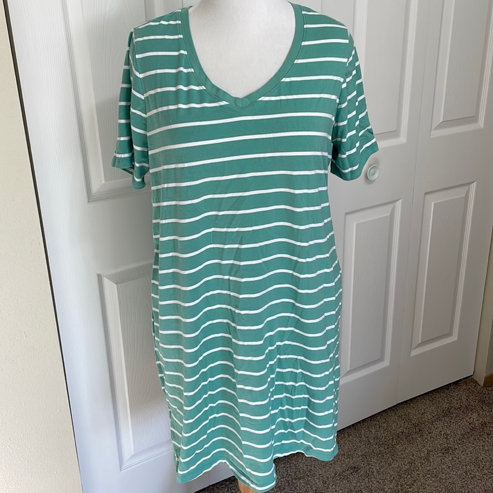 Terra Sky Women’s 0X Green + White Striped Midi Dress w/ Pockets